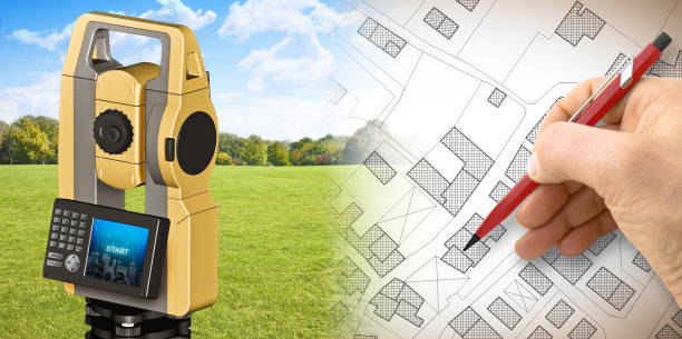 Planning a new city - concept image with an imaginary cadastral map of territory with buildings, land parcel and 3D rendering of a geodesic device, called Total Station, used to survey and draw topographic maps.